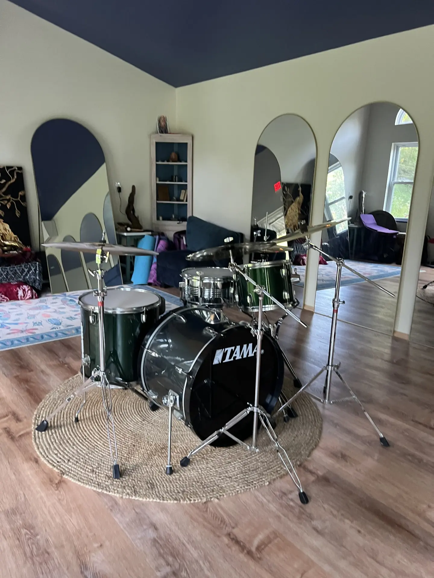 Drum kit set up in the studio for rehearsals